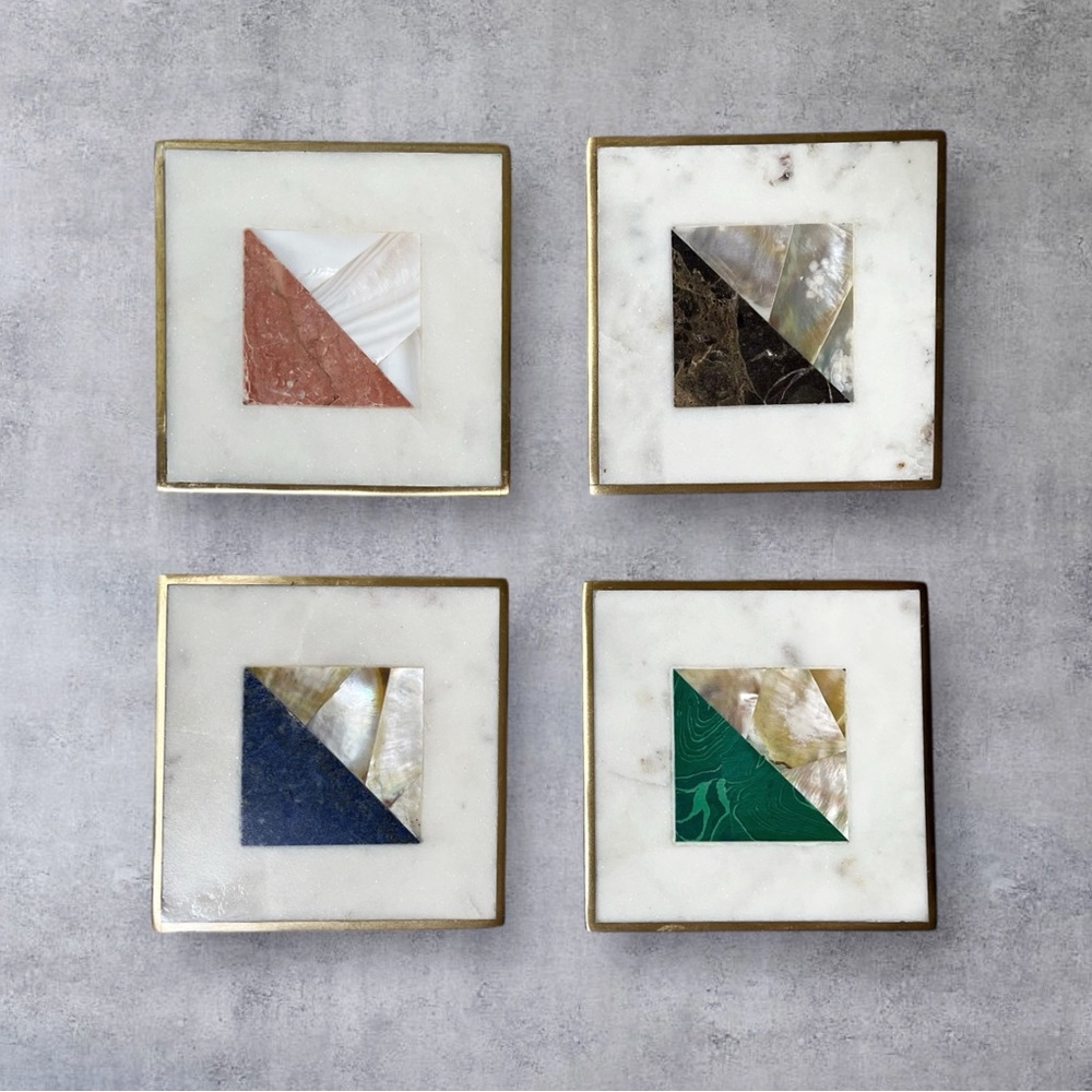 NIB CB2 Two Fold Marble Brass Abalone Coasters - 4” x 4”